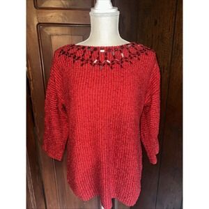 Ruby Rd Sweater Womens XL Metallic Beaded Red Pullover Shimmer Valentine Party‎